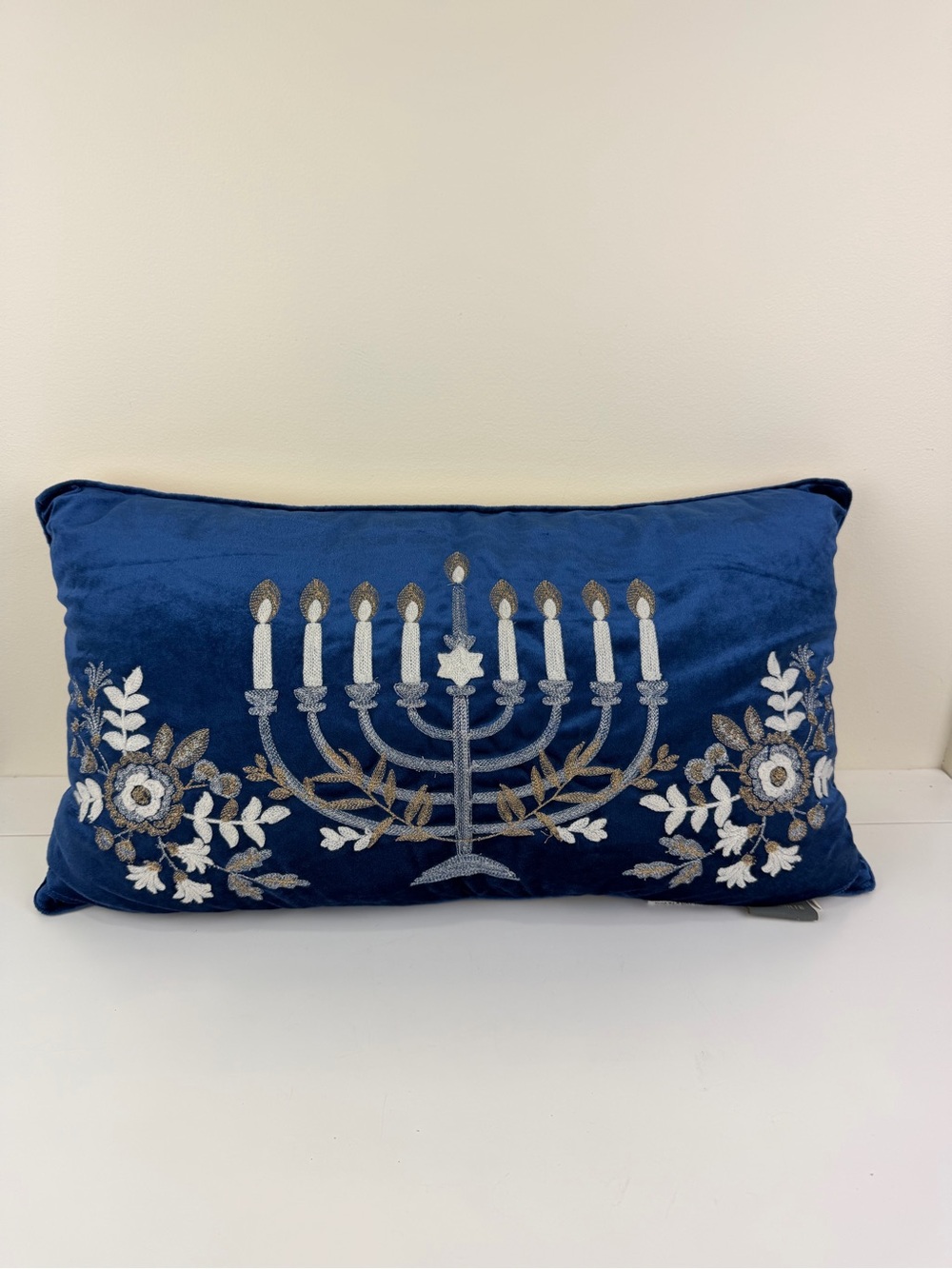 Lacourte Blue Velvet Hanukkah Menorah Embroidered Lumbar Pillow
